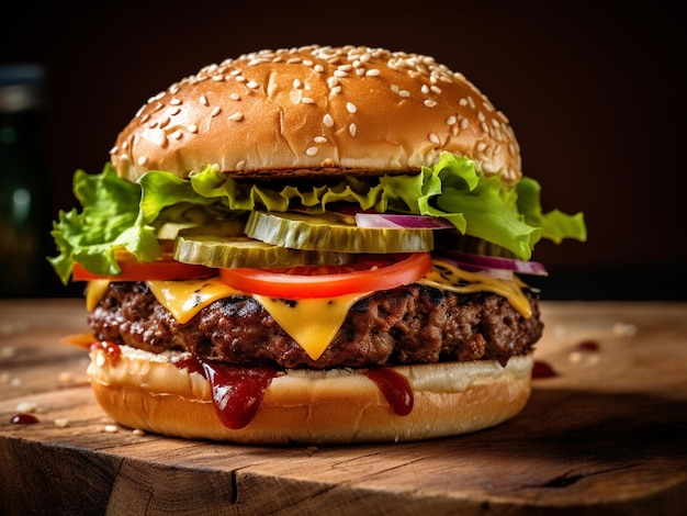 Hamburger appétissant sur une planche à découper en bois