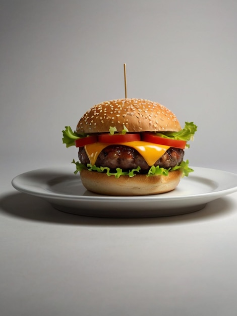 Photo un hamburger sur une assiette couleurs fortes fond blanc 28k