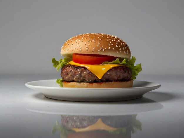 Photo un hamburger sur une assiette couleurs fortes fond blanc 28k