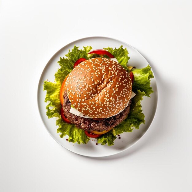 Photo un hamburger sur une assiette avec de la laitue et des tomates