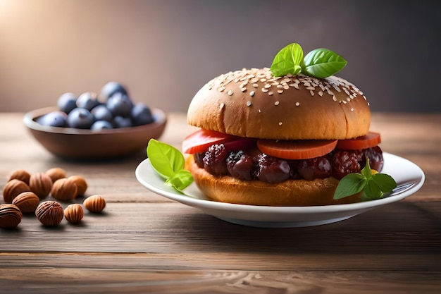 Un hamburger avec une assiette de myrtilles et un bol de myrtilles sur une table en bois.