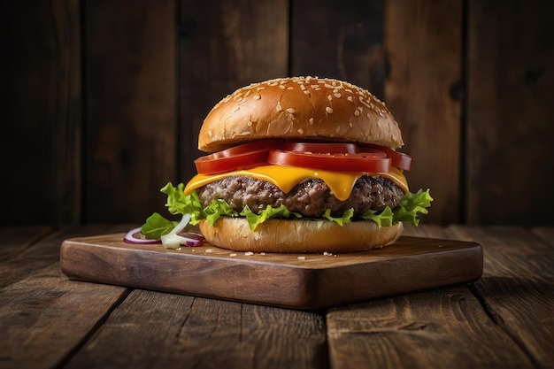 un hamburger au fromage délicieux sur une table en bois