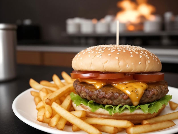 Le hamburger au fromage frais et délicieux avec des frites sur fond noir foncé