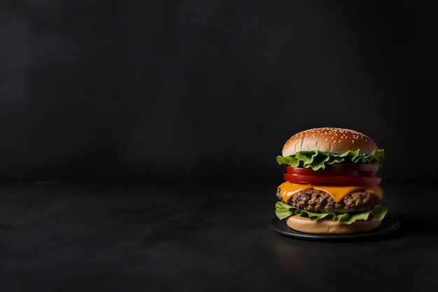 Le hamburger au fromage frais et délicieux avec des frites sur fond noir foncé