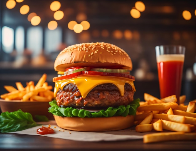 Le hamburger au fromage frais et délicieux avec des frites sur fond noir foncé