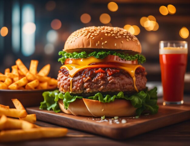 Le hamburger au fromage frais et délicieux avec des frites sur fond noir foncé