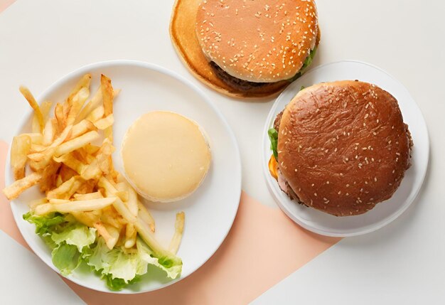 un hamburger au fromage avec des frites et une boisson