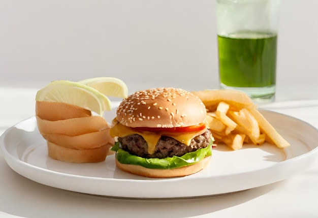 un hamburger au fromage avec des frites et une boisson