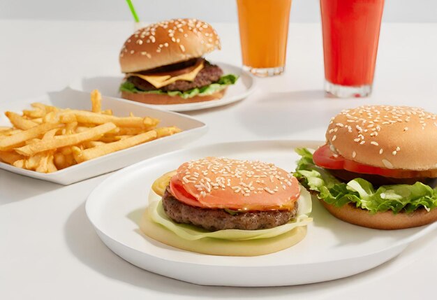 un hamburger au fromage avec des frites et une boisson