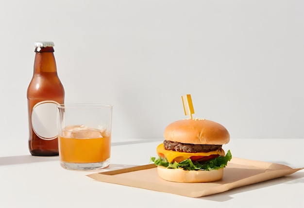 un hamburger au fromage avec des frites et une boisson