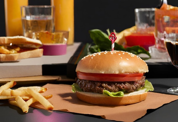 Photo un hamburger au fromage avec des frites et une boisson