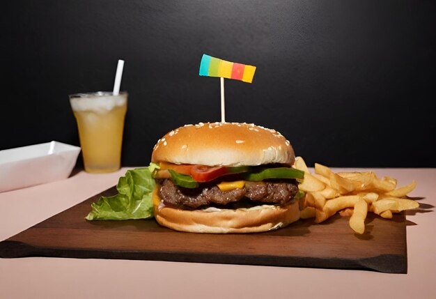 un hamburger au fromage avec des frites et une boisson