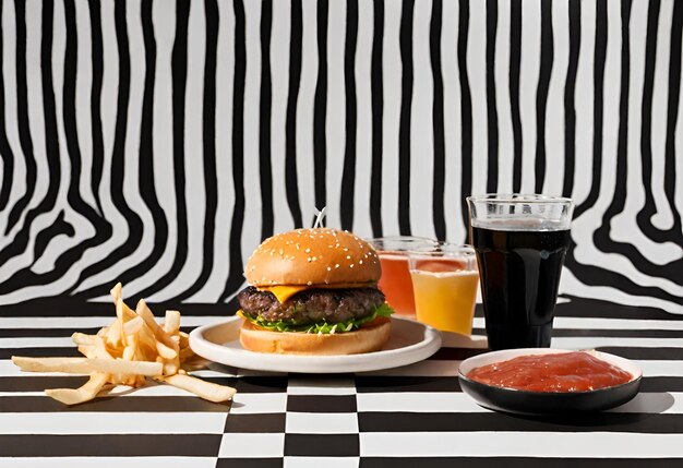 un hamburger au fromage avec des frites et une boisson