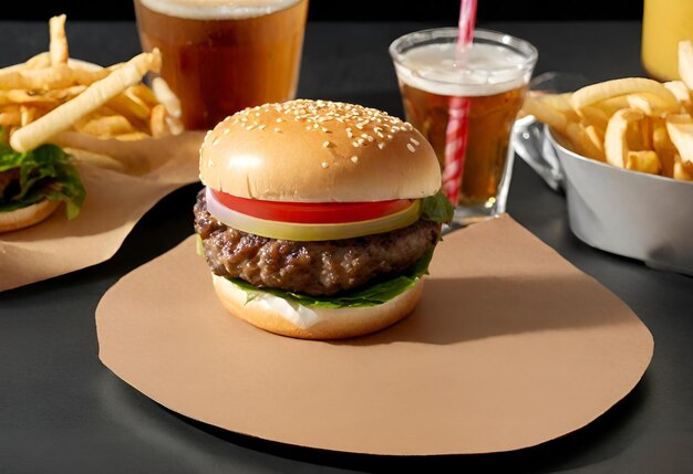 un hamburger au fromage avec des frites et une boisson