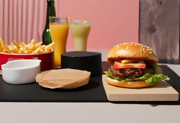 un hamburger au fromage avec des frites et une boisson