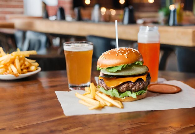 un hamburger au fromage avec des frites et une boisson