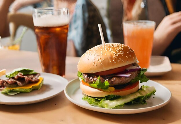 un hamburger au fromage avec des frites et une boisson