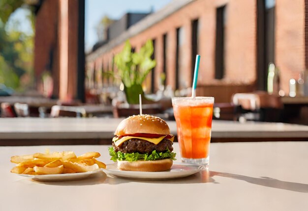 un hamburger au fromage avec des frites et une boisson