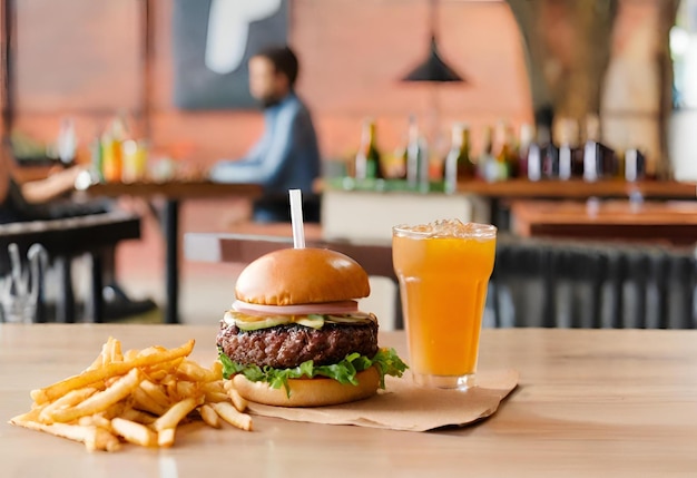 un hamburger au fromage avec des frites et une boisson