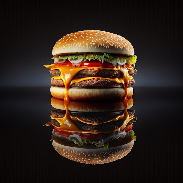 Un hamburger au fromage et à la sauce tomate est assis sur une table.