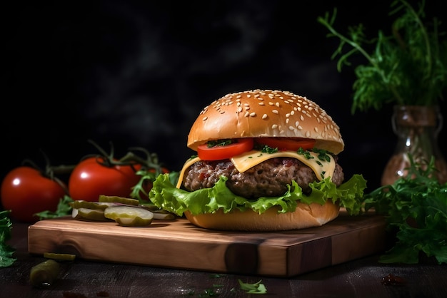 Un hamburger au fromage et à la tomate sur une planche à découper