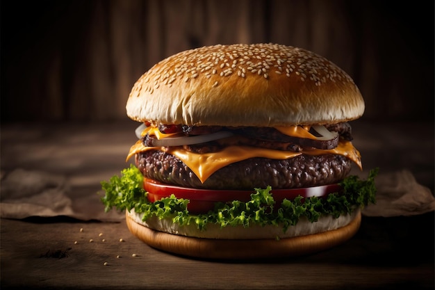 Un hamburger au fromage et à la tomate sur une table en bois.