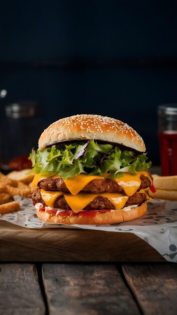 Un hamburger au poulet avec du fromage et de la salade verte sur le bureau en bois et un sandwich fast food