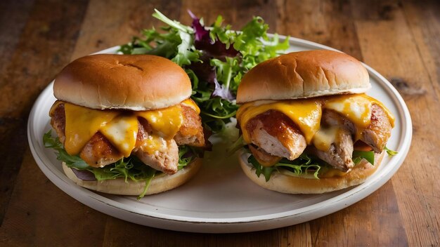 Un hamburger au poulet avec fromage et salade verte sur le bureau en bois et un sandwich fast-food