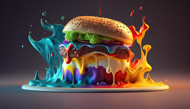 Un hamburger aux couleurs de l'arc-en-ciel est pulvérisé sur une assiette.