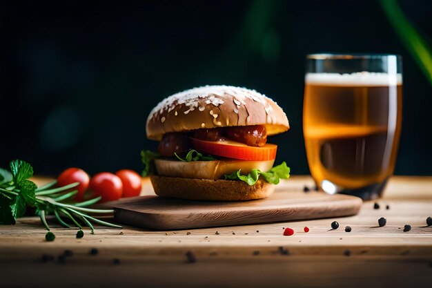 un hamburger aux tomates et un verre de bière sur une planche à découper.