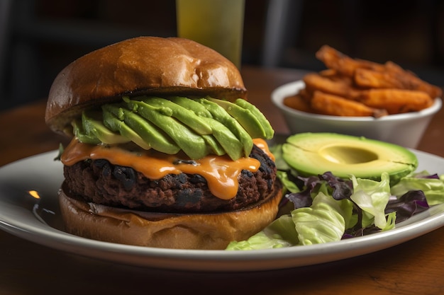 Un hamburger à l'avocat est posé sur une assiette avec des frites et un verre de bière.