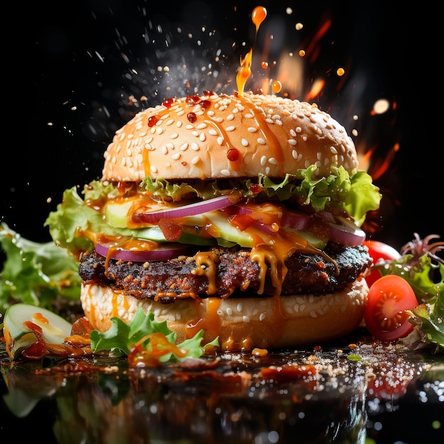 hamburger bacon avec deux tranches de viande tomate oignon laitue volant avion juteux noir