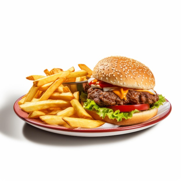 Hamburger basse résolution avec frites sur fond transparent