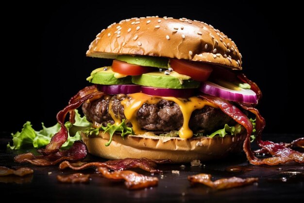 Un hamburger avec beaucoup de fromage et d'oignons dessus