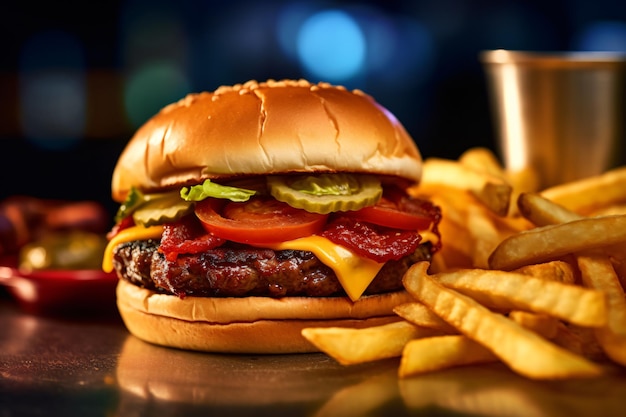 Un hamburger avec beaucoup de fromage et de tomates.