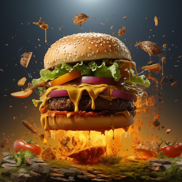 un hamburger avec beaucoup de nourriture dessus et un feu derrière