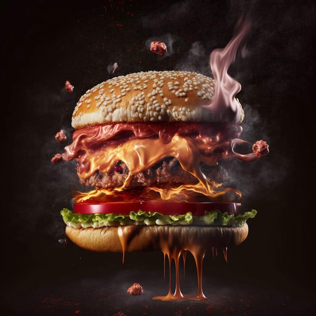Un hamburger avec beaucoup de sauce et les mots "fast food" dessus.
