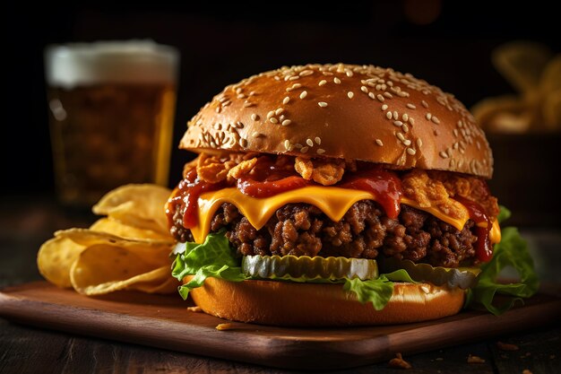 Un hamburger avec une bière à côté