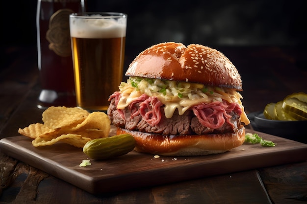 Photo un hamburger avec une bière et des frites sur une planche de bois