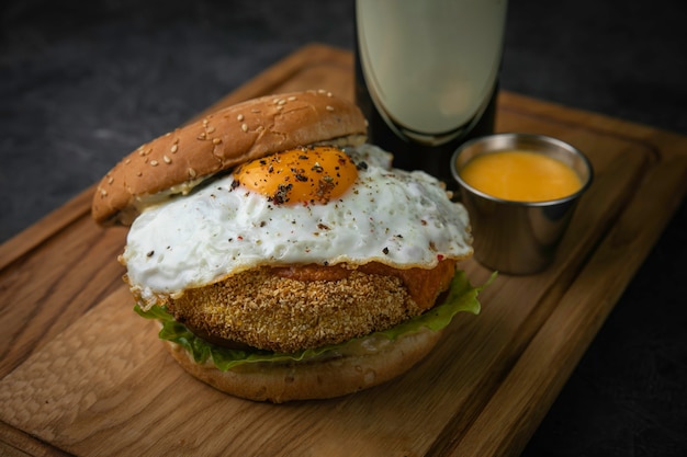 Hamburger à la bière sur planche de bois