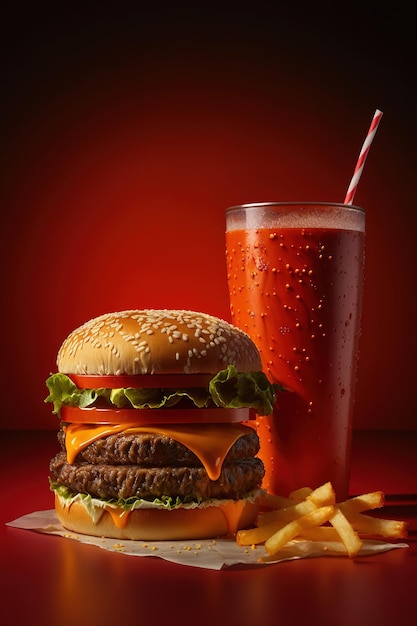 Photo un hamburger et une boisson sont assis à côté.