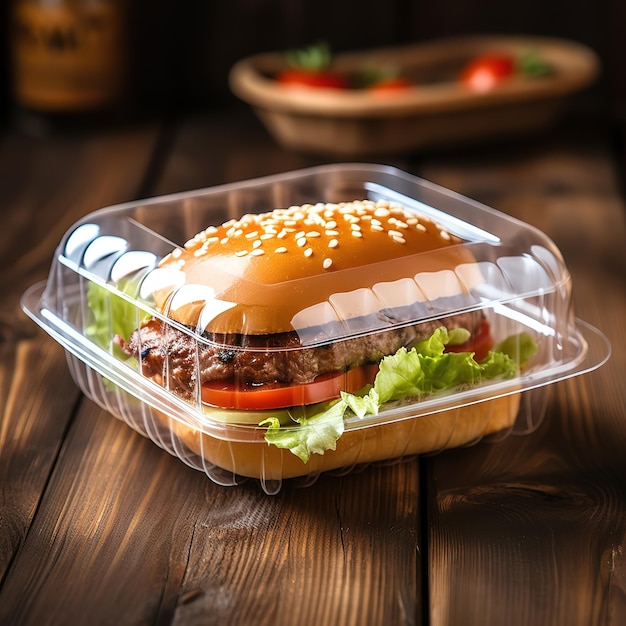 hamburger sur une boîte avec un fond en bois