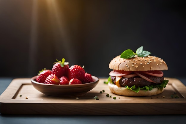 Un hamburger avec un bol de fraises sur une planche de bois