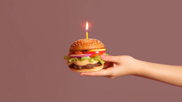 Un hamburger avec une bougie dessus