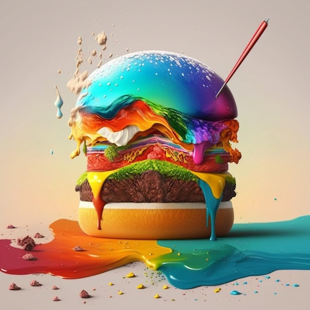 Un hamburger avec un burger aux couleurs de l'arc-en-ciel dessus