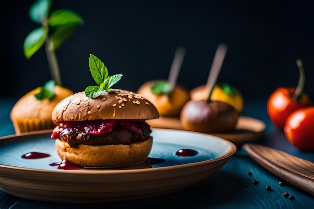 un hamburger avec une cerise en haut et une fourchette à côté