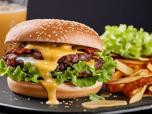 Un hamburger chaud avec des frites, du bœuf et du fromage.