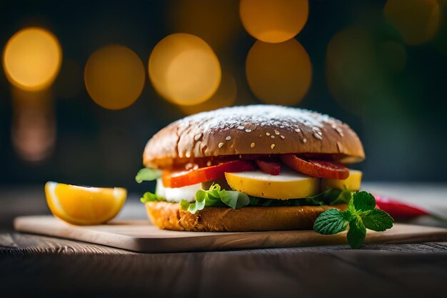 un hamburger avec des citrons et un citron sur une planche à couper