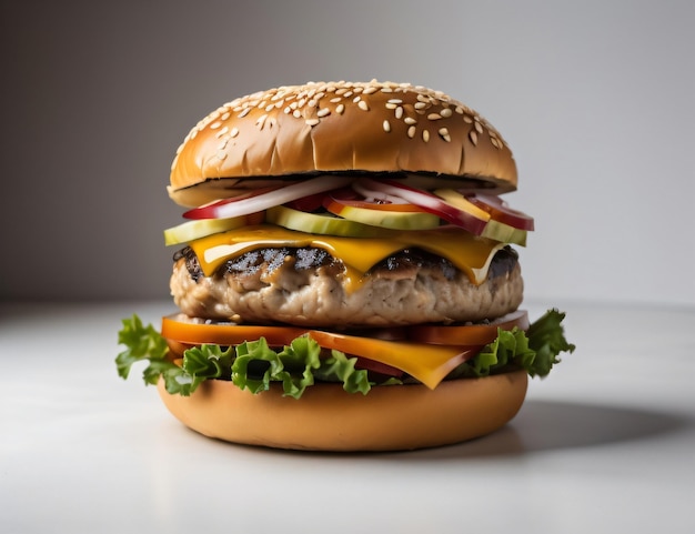 Un hamburger avec des concombres au fromage et des tomates dessus avec une IA générative