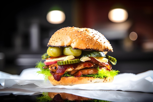 Un hamburger avec un cornichon est posé sur une serviette.